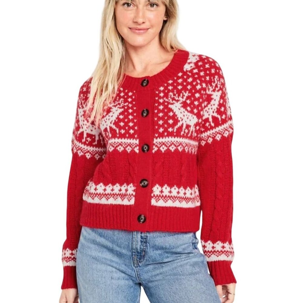 Old Navy Red Fair Isle Button-Up Reindeer Cardigan Sweater 2023 Size XL